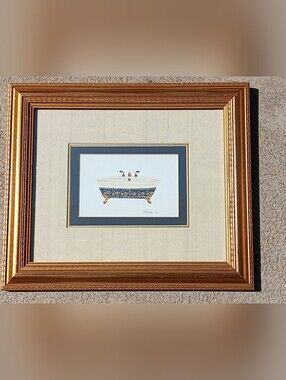 Gold-Framed Bathtub Art Print in Blue and White, 12" by 14"